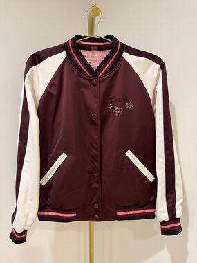 Coach Women's Burgundy and Cream Varsity Bomber Jacket. REVERSIBLE pink interior